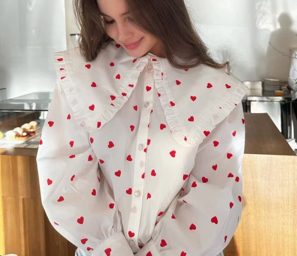 COMMENSE Ruffle Sleeve Sailor Collared Heart Print Blouse Womens S Valentines